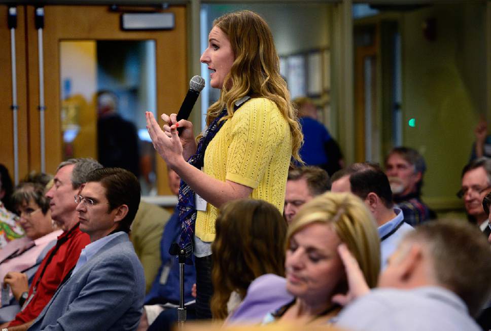 Scott Sommerdorf   |  The Salt Lake Tribune
Amelia Powers speaks during a sometimes contentious meeting to hash out the wording of changes to the bylaws of the Utah GOP constitution. The changes would let them conform with state law and have candidates on the 2016 ballot, Saturday, May 30, 2015.