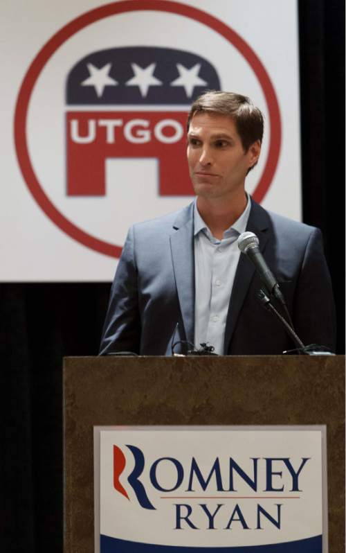 Trent Nelson  |  Tribune file photo
Mitt Romney's son Josh Romney speaks to the Utah delegation at a breakfast honoring Senator Orrin Hatch ("Omelets with Orrin") at the Hilton Hotel in Tampa, Florida, Monday, August 27, 2012, a day ahead of the Republican National Convention.
