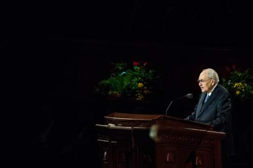 Chris Detrick  |  The Salt Lake Tribune
Elder L. Tom Perry, of the Quorum of the Twelve Apostles, speaks during the 185th Annual LDS General Conference Saturday April 4, 2015.