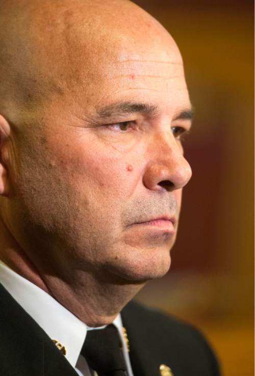 Rick Egan  |  The Salt Lake Tribune

Chief Brian Dale answers questions from the media after being sworn in as the new Salt Lake City fire chief at City Hall, Thursday, June 4, 2015.