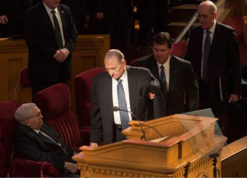 Steve Griffin  |  The Salt Lake Tribune


LDS President Thomas S. Monson enters the Mormon Tabernacle on Temple Square before the start of funeral services for LDS apostle L. Tom Perry at  in Salt Lake City, Friday, June 5, 2015.