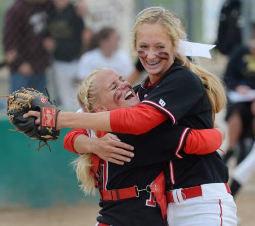 Steve Griffin  |  The Salt Lake Tribune


Spanish Fork catcher Whitney Perkins hugs pitcher Cambrie Hazel as she strikes out a batter to end the top of the seventh inning during the 4A softball championship game between Maple Mountain and Spanish Fork at th eValley Softball Complex in Taylorsville, Friday, May 22, 2015.