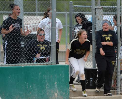 Steve Griffin  |  The Salt Lake Tribune


The Maple Mountain bench celebrate a strike out during the 4A softball championship game between Maple Mountain and Spanish Fork at th eValley Softball Complex in Taylorsville, Friday, May 22, 2015.