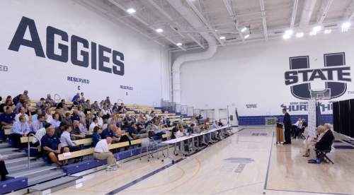 Al Hartmann |  The Salt Lake Tribune
A crowd of Aggies and media gather at the Wayne Estes Center Wednesday June 3, 2015, in Logan for the announcement and introduction of John Hartwell as USU's vice president and director of athletics.