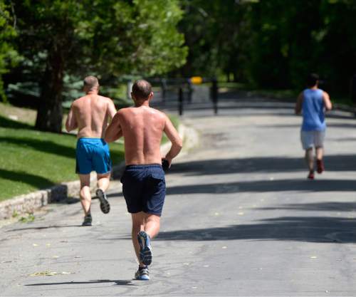Al Hartmann |  The Salt Lake Tribune
Men run during the lunch hour in City Creek Canyon Friday June 5,  It's a popular place to walk, run and ride bikes and is close to downtown Salt Lake City.    Utah ranks among the lowest states in obesity where 24.1 percent of people are technically obese.