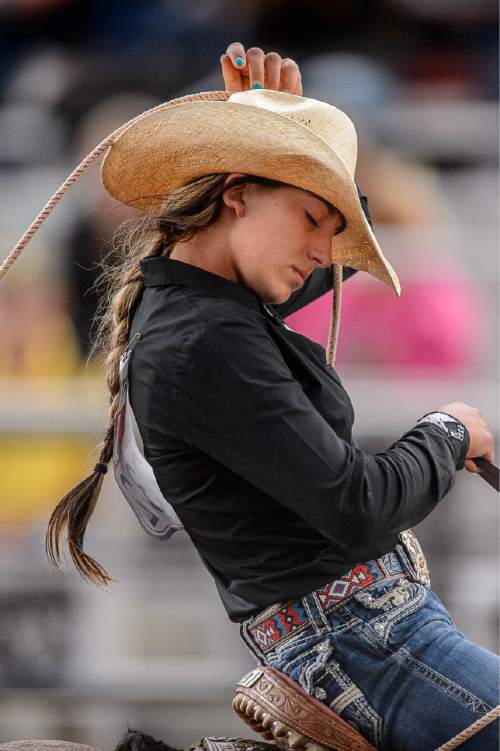 Trent Nelson  |  The Salt Lake Tribune
Kaytlyn Miller competes in Breakaway Roping at the Utah High School Rodeo Association state championships in Heber, Saturday June 6, 2015.
