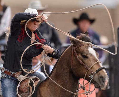 Trent Nelson  |  The Salt Lake Tribune
Baylee Bankhead competes in Breakaway Roping at the Utah High School Rodeo Association state championships in Heber, Saturday June 6, 2015.