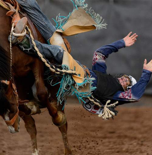 Trent Nelson  |  The Salt Lake Tribune
Pake Rockhill competes in Saddle Bronc at the Utah High School Rodeo Association state championships in Heber, Saturday June 6, 2015.