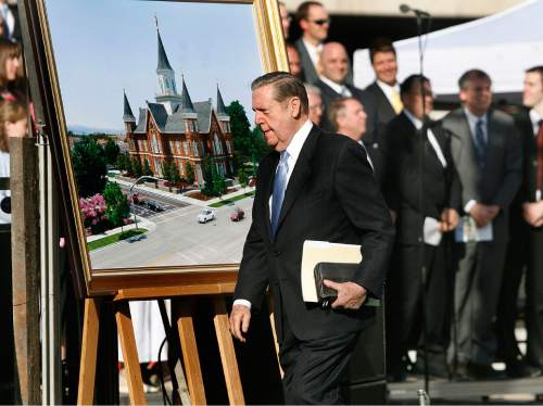 Scott Sommerdorf  |  The Salt Lake Tribune 
            
Elder Jeffrey R. Holland of the Twelve arrives to conduct the dedication of the new Provo Temple, Saturday, May 12, 2012. The LDS Church is broke ground for the Provo City Center Temple, formerly known as the Provo Tabernacle.