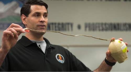 Steve Griffin  |  The Salt Lake Tribune

ATF special agent Mike Minichino talks about explosives as the ATF promotes safety with explosives during a press conference at the Salt Lake Airport Police Training Center in Salt Lake City, Thursday, June 11, 2015.