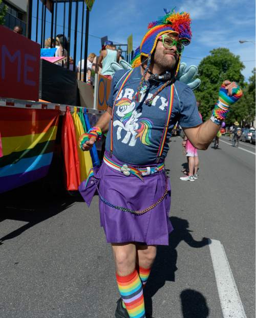 Francisco Kjolseth  |  The Salt Lake Tribune
Randy Gragg or "Randy the Dancer" lends his spirit to the Pride Parade, Utah's second-largest parade, after the Days of '47, and by far the most colorful, on the streets of downtown Salt Lake on Sunday, June 7, 2015.