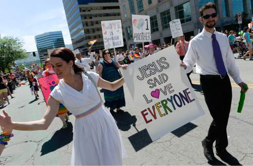 Francisco Kjolseth  |  The Salt Lake Tribune
Mormons Building Bridges join the fun for the Pride Parade, Utah's second-largest parade, after the Days of '47, and by far the most colorful, on the streets of downtown Salt Lake on Sunday, June 7, 2015.