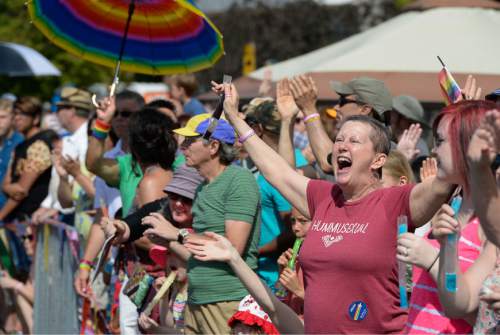 Francisco Kjolseth  |  The Salt Lake Tribune
Kathy MacGregor wears her "hummusexual" shirt as she cheers on the Pride Parade, Utah's second-largest parade, after the Days of '47, and by far the most colorful, on the streets of downtown Salt Lake on Sunday, June 7, 2015.