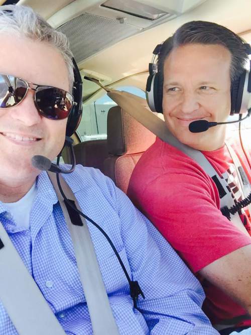 Courtesy photo
Joel Coleman, left, and C. Mark Openshaw took an afternoon flight a few weeks ago. Openshaw, a member of the Utah State Board of Education, was killed Friday in a plane crash in Missouri.