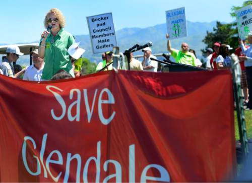 Scott Sommerdorf   |  The Salt Lake Tribune
Mayoral hopeful Jackie Biskupski speaks at a rally to save Glendale Golf Course on Saturday. Earlier this year, the City Council voted to turn the links into a park that would have various functions, including soccer, football and baseball.