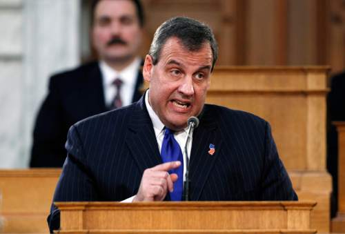 New Jersey Gov. Chris Christie delivers his budget address, Tuesday, Feb. 24, 2015, in Trenton, N.J. Christie, who is considering a run for president in 2016, announced that the New Jersey Education Association  the state's largest teachers union and long one of his main political foils  has signed onto a "road map" for further reforms. He'll call on state lawmakers to join with him. (AP Photo/Mel Evans)