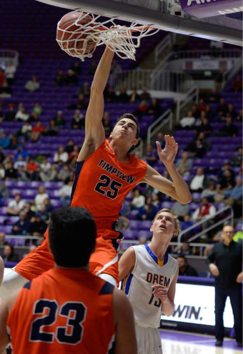 Francisco Kjolseth  |  The Salt Lake Tribune 
Timpview's Gavin Baxter (25) puts in a monster dunk before being fouled out against Orem in 4A boys' hoops quarterfinal at the Dee Events Center in Ogden on Thursday, Feb. 26, 2015.