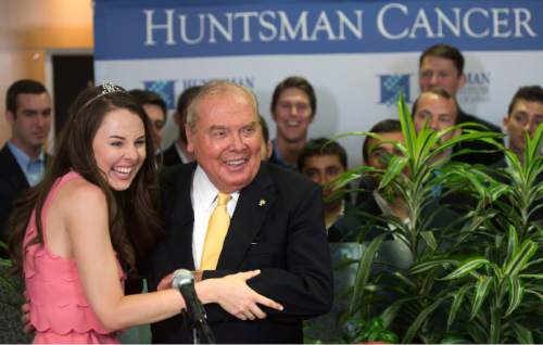 Steve Griffin  |  The Salt Lake Tribune


Jon Huntsman smiles after getting a kiss and hug from Sigma Chi International Sweetheart Mary Sugden after she introduced him during a press conference announcing the Sigma Chi International Fraternity's commitment to raise $10 million for cancer research at Huntsman Cancer Institute (HCI), pledging to be ìThe Generation to End Cancer.î This is believed the largest gift committed to one charity in menís fraternity history. To acknowledge the commitment, the sixth floor of Huntsman Cancer Hospital will be named ìThe Sigma Chi International Fraternity Sixth Floor.î  The gift is a gesture of Sigma Chiís vision of friendship, justice, and learning to ease the suffering of cancer patients and their families at the Huntsman Cancer Hospital in Salt Lake City, Monday, June 15, 2015.