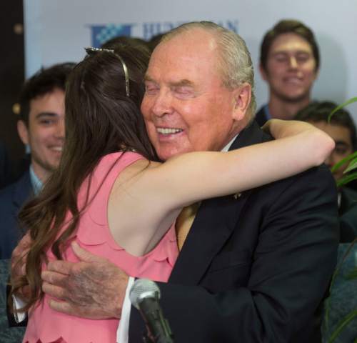 Steve Griffin  |  The Salt Lake Tribune


Jon Huntsman smiles as he hugs Sigma Chi International Sweetheart Mary Sugden after she introduced him during a press conference announcing the Sigma Chi International Fraternity's commitment to raise $10 million for cancer research at Huntsman Cancer Institute (HCI), pledging to be "The Generation to End Cancer." This is believed the largest gift committed to one charity in men's fraternity history. To acknowledge the commitment, the sixth floor of Huntsman Cancer Hospital will be named "The Sigma Chi International Fraternity Sixth Floor."  The gift is a gesture of Sigma Chi's vision of friendship, justice, and learning to ease the suffering of cancer patients and their families at the Huntsman Cancer Hospital in Salt Lake City, Monday, June 15, 2015.