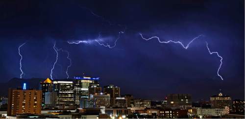 Lennie Mahler  |  The Salt Lake Tribune

A lightning storm dances across the Salt Lake valley Monday, June 15, 2015.