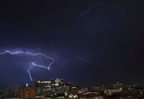 Lennie Mahler  |  The Salt Lake Tribune

A lightning storm dances across the Salt Lake valley Monday, June 15, 2015.