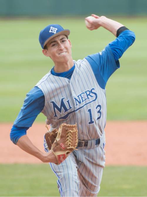 Rick Egan  |  The Salt Lake Tribune

Sean Keating (13)  pitches for the Miners,  in Prep 5A baseball playoff action, Bingham vs Pleasant Grove, at Brent Brown field in Orem, Friday, May 22, 2015.