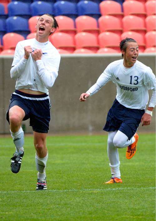 Leah Hogsten  |  The Salt Lake Tribune
Waterford's Jesse Sindelar #30 and his teammates celebrate his second half header goal to tie up the game. The American Leadership Academy boys soccer team defeated Waterford School, 2-2 (4-3 in PKs), during a sudden death shoot out at their 2A State Championship game, Saturday, May 9, 2015 at Rio Tinto Stadium.