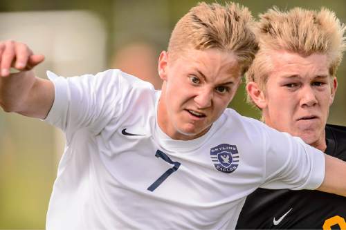 Trent Nelson  |  The Salt Lake Tribune
Skyline's Hunter Kone (7) and Wasatch's Hunter Knight (3) race for the ball in a first round Class 4A soccer state game between Wasatch and Skyline High School, in Salt Lake City, Wednesday May 13, 2015.