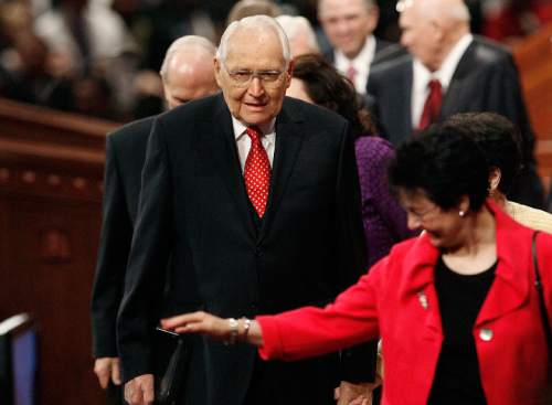 Scott Sommerdorf  |  Tribune file photo
Elder L. Tom Perry of the Quorum of the Twelve Apostles leaves the morning session of the 181st Annual LDS General Conference, Saturday, April 2, 2011.