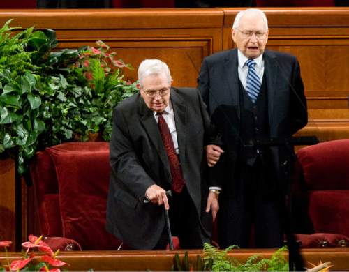 Jeremy Harmon  |  The Salt Lake Tribune

Elder L. Tom Perry helps President Boyd K. Packer stand as they sing the hymn Praise to the Man during the Saturday afternoon session of the 181st Semiannual General Conference of The Church of Jesus Christ of Latter-day Saints on Saturday, Oct. 1, 2011.