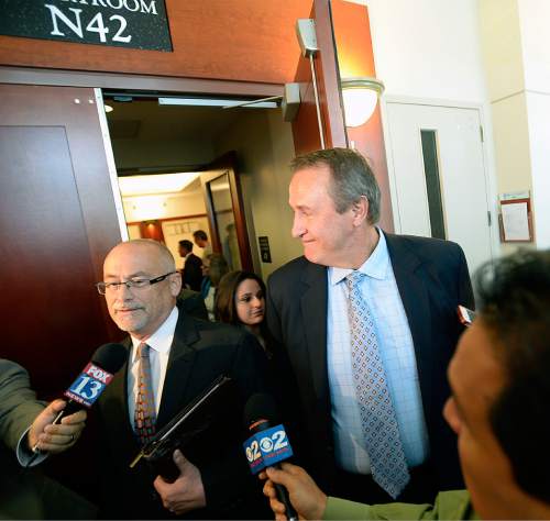 Al Hartmann |  The Salt Lake Tribune
Former Utah Attorney General Mark Shurtleff, right, and his attorney Richard Van Wagonner leave  Judge Randall Skanchy's courtroom in Salt Lake City Monday June 15 after a preliminary hearing.