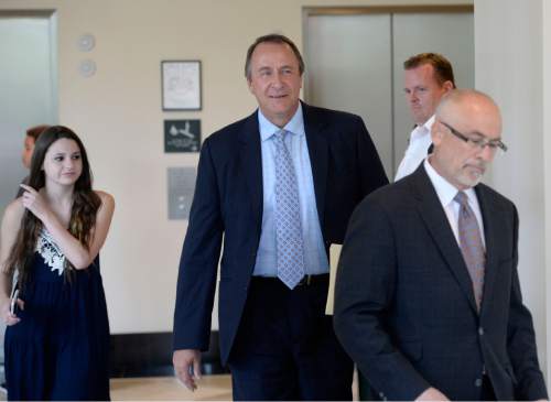 Al Hartmann |  The Salt Lake Tribune
Former Utah Attorney general Mark Shurtleff enters Judge Randall Skanchy's courtroom with daughter Annie and lawyer Richard Van Wagonner in Salt Lake City Monday June 15 for a preliminary hearing.