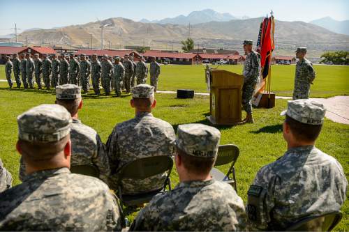 Trent Nelson  |  The Salt Lake Tribune
Commander Maj. Gen. Gary Volesky speaks as fifty-three Utah Guardmembers are realigned to the 101st Airborne Division (Air Assault) in an "Old Abe" patch ceremony at Camp Williams in Bluffdale, Friday June 19, 2015.