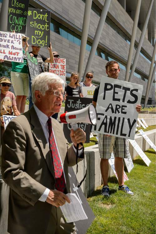 Trent Nelson  |  The Salt Lake Tribune
Attorney Rocky Anderson speaks as twenty people and a few pets rally outside Salt Lake City police headquarters , Thursday June 18, 2015, sympathizing with dog owner Sean Kendall and calling for accountability from the department and the officer who fatally shot Kendall's Weimaraner one year ago.