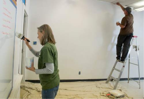 Rick Egan  |  The Salt Lake Tribune

Debra Hampton and Brent Willis, paint a room in the old Guadalupe school building, which will be the new site for The INN Between, Utah's first non-profit house for homeless people in Salt Lake City. April 17, 2015.