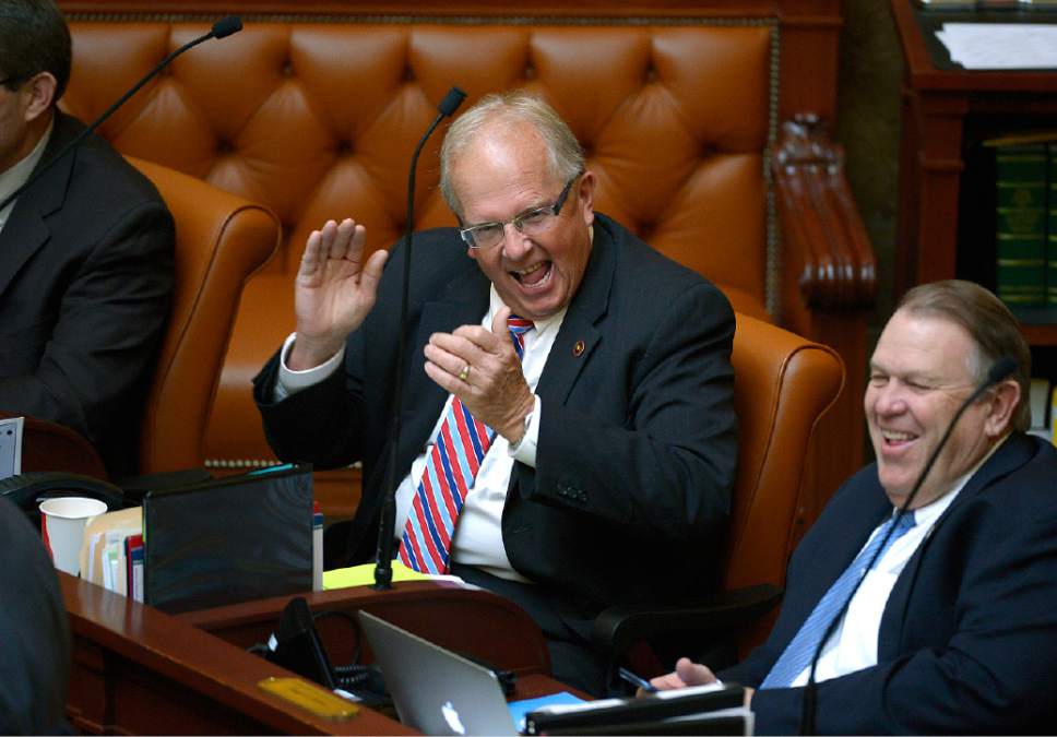 Scott Sommerdorf   |  The Salt Lake Tribune
Rep. Mike Noel, R-Kanab, reacts after he got what he asked for - a unanimous vote on the House floor for his bill - HB154 - All-terrain vehicle amendments - Wednesday, Feb. 19, 2014.