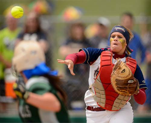 Trent Nelson  |  The Salt Lake Tribune
Herriman's Ashlyn Visser (55) throws the ball to third base, where Copper Hills's Kiera Siddoway (8) was tagged out. Herriman vs. Copper Hills High School softball, in West Valley City, Thursday May 21, 2015.