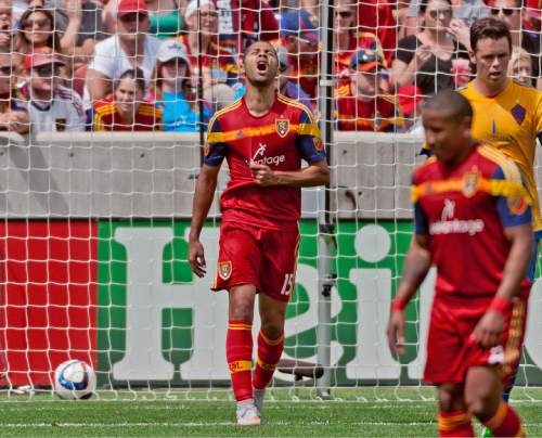 Michael Mangum  |  Special to the Tribune

Real Salt Lake forward Alvaro Saborio groans after a missed chance by Real Salt Lake during the first half of their match against the Colorado Rapids at Rio Tinto Stadium on Sunday, June 7, 2015.
