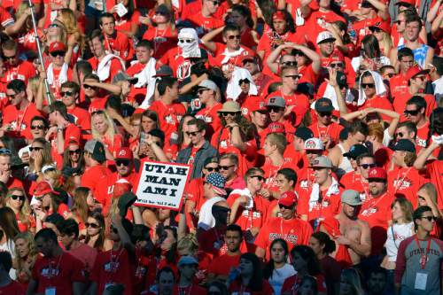 Chris Detrick  |  The Salt Lake Tribune
Members of the MUSS cheer during the first half of the game against Idaho State Bengals at Rice-Eccles stadium Thursday August 28, 2014. Utah is winning the game 35-7.