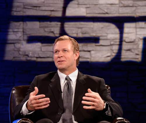 Al Hartmann |  The Salt Lake Tribune
BYU Head Football Coach Bronco Mendenhall answers questions on live TV program Tuesday June 24 for BYU football media day in Provo.