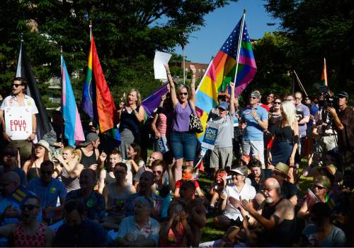 Scott Sommerdorf   |  The Salt Lake Tribune
Some of the hundreds of participants cheer at a rally in City Creek Park to celebrate the SCOTUS ruling, Friday, June 26, 2015.