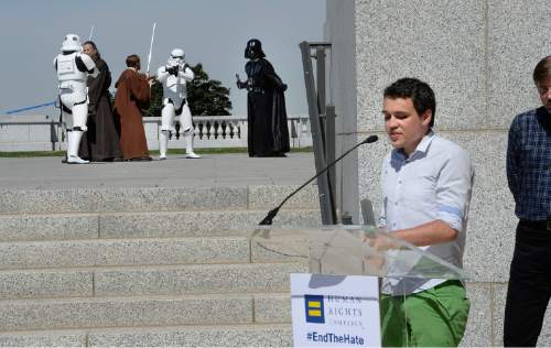 Scott Sommerdorf   |  The Salt Lake Tribune
Russian LGBT activist Dmitry Chizhevsky speaks at a news conference held on the south side of the Utah Capitol as a photo shoot of "Star Wars" characters proceeded nearby, Saturday, June 27, 2015. The Human Rights Campaign -- the nation's largest LGBT civil rights organization --announced its partnership with the Inclusive Families Coalition, promoting a positive vision of LGBT people.