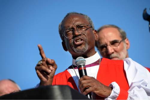 Scott Sommerdorf   |  The Salt Lake Tribune
Bishop Michael Curry of North Carolina who was elected at the 27th Presiding Bishop of the Episcopal Church speaks after a march against gun violence held in Salt Lake City, Sunday, June 28, 2015.