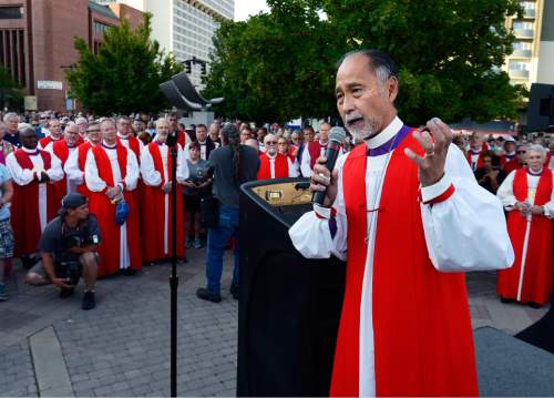 Scott Sommerdorf   |  The Salt Lake Tribune
The Rt. Rev. Scott B. Hayashi, Bishop of Utah speaks prior to a march against guns by more than 60 Episcopal bishops and and about 2,000 in all, Sunday, June 28, 2015.