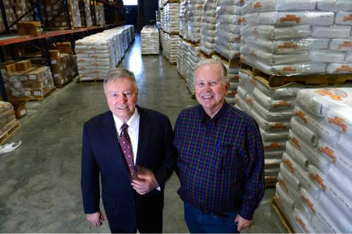 Scott Sommerdorf   |  The Salt Lake Tribune
Lehi Roller Mills' new owner Kenneth Brailsford, left, and General Manager R. Sherman Robinson at the new Lehi Roller Mills warehouse building, located in American Fork, Wednesday, June 24, 2015.