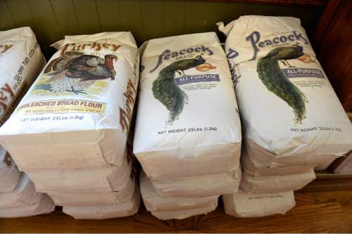 Scott Sommerdorf   |  The Salt Lake Tribune
Distinctly labeled twenty-five pound bags of flour for sale in the Lehi Roller Mills retail shop, Wednesday, June 24, 2015. The mill, maker of premium flour, has found new customers among foodies, high-end bakeries and several large retailers such as Costco and Walmart.