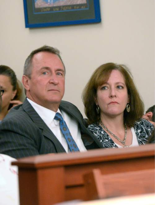 Al Hartmann  |  The Salt Lake Tribune

Former Utah Attorney General Mark Shurtleff sits in the courtroom with wife M'Liss in Salt Lake City  on Monday, June 29, 2015.  His lawyer Richard Van Wagoner plead not guilty on his behalf to five felonies and two misdemeanors in Judge Elizabeth Hruby-Mills courtroom.