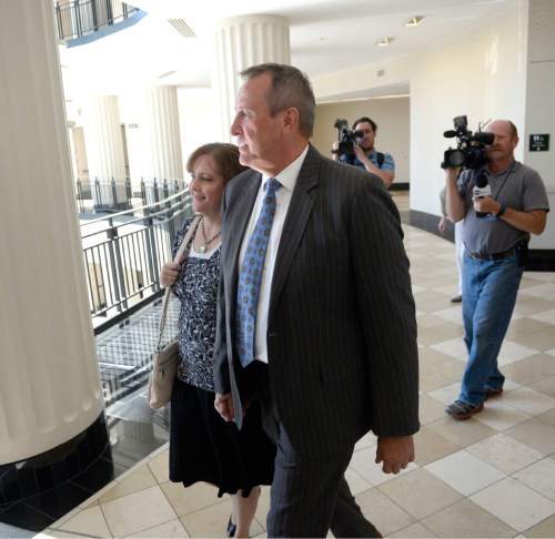Al Hartmann  |  The Salt Lake Tribune

Former Utah Attorney General Mark Shurtleff and wife M'Liss leave Matheson Courthouse after he pleaded not guilty to five felonies and two misdemeanors in Salt Lake City on Monday, June 29, 2015.