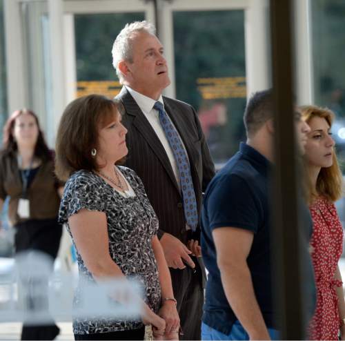 Al Hartmann  |  The Salt Lake Tribune

Former Utah Attorney General Mark Shurtleff stands in line with his wife M'Liss to go through security at Matheson Courthouse in in Salt Lake City on Monday, June 29, 2015. He pleaded not guilty to five felonies and two misdemeanors in Judge Elizabeth Hruby-Mills courtroom.