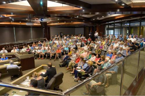 Leah Hogsten  |  The Salt Lake Tribune
The Salt Lake County Council listens to public comment on the boundaries of the townships and unincorporated islands involved in this November's Community Preservation election, Tuesday, June 30, 2015.